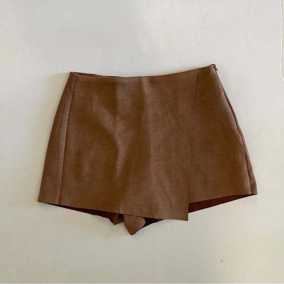 Brown Wrap Effect Faux Suede Skort - Picture 6 of 8